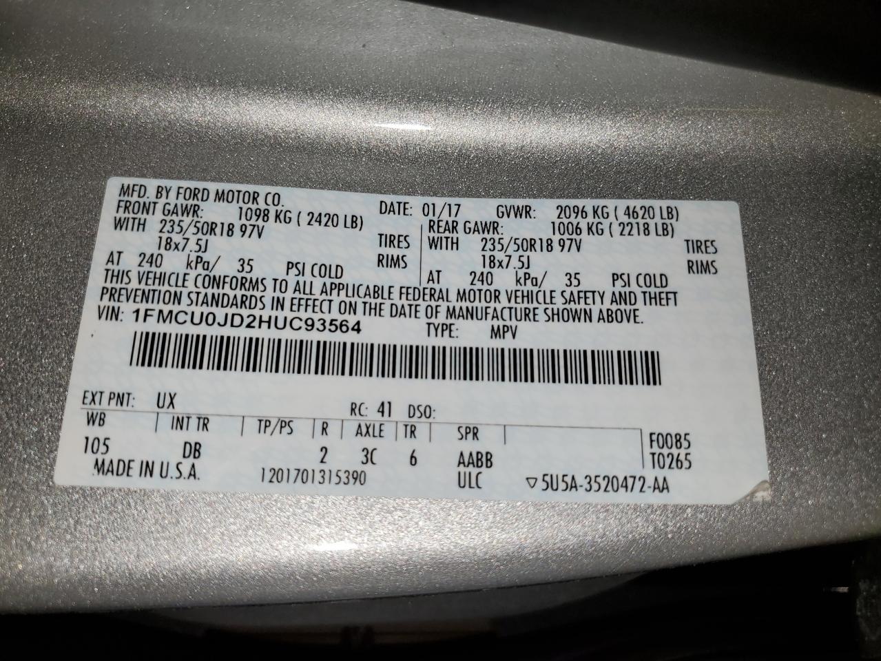 1FMCU0JD2HUC93564 2017 Ford Escape Titanium