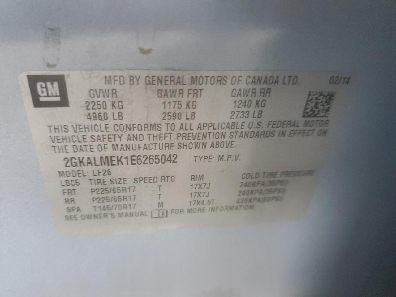 2GKALMEK1E6265042 2014 GMC Terrain Sle