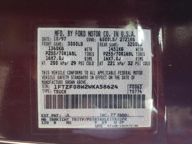 1998 Ford F150 VIN: 1FTZF08W2WKA58624 Lot: 55599724
