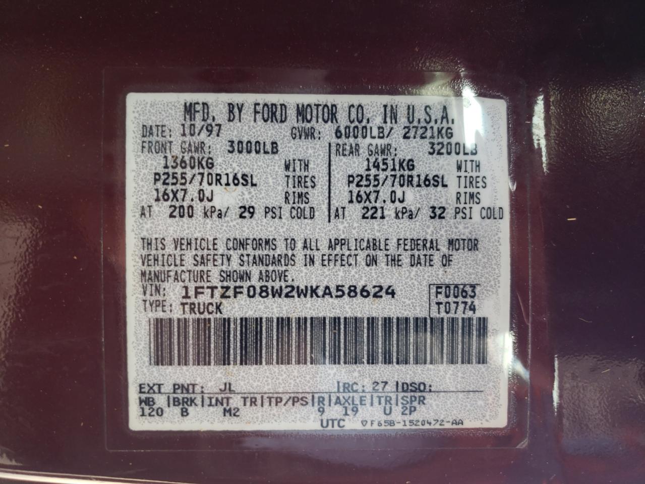 1FTZF08W2WKA58624 1998 Ford F150