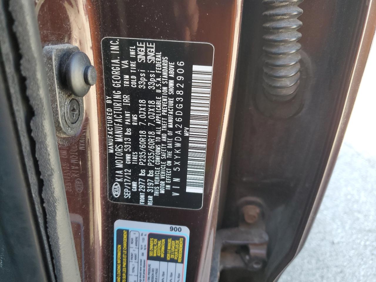 5XYKWDA26DG382906 2013 Kia Sorento Sx