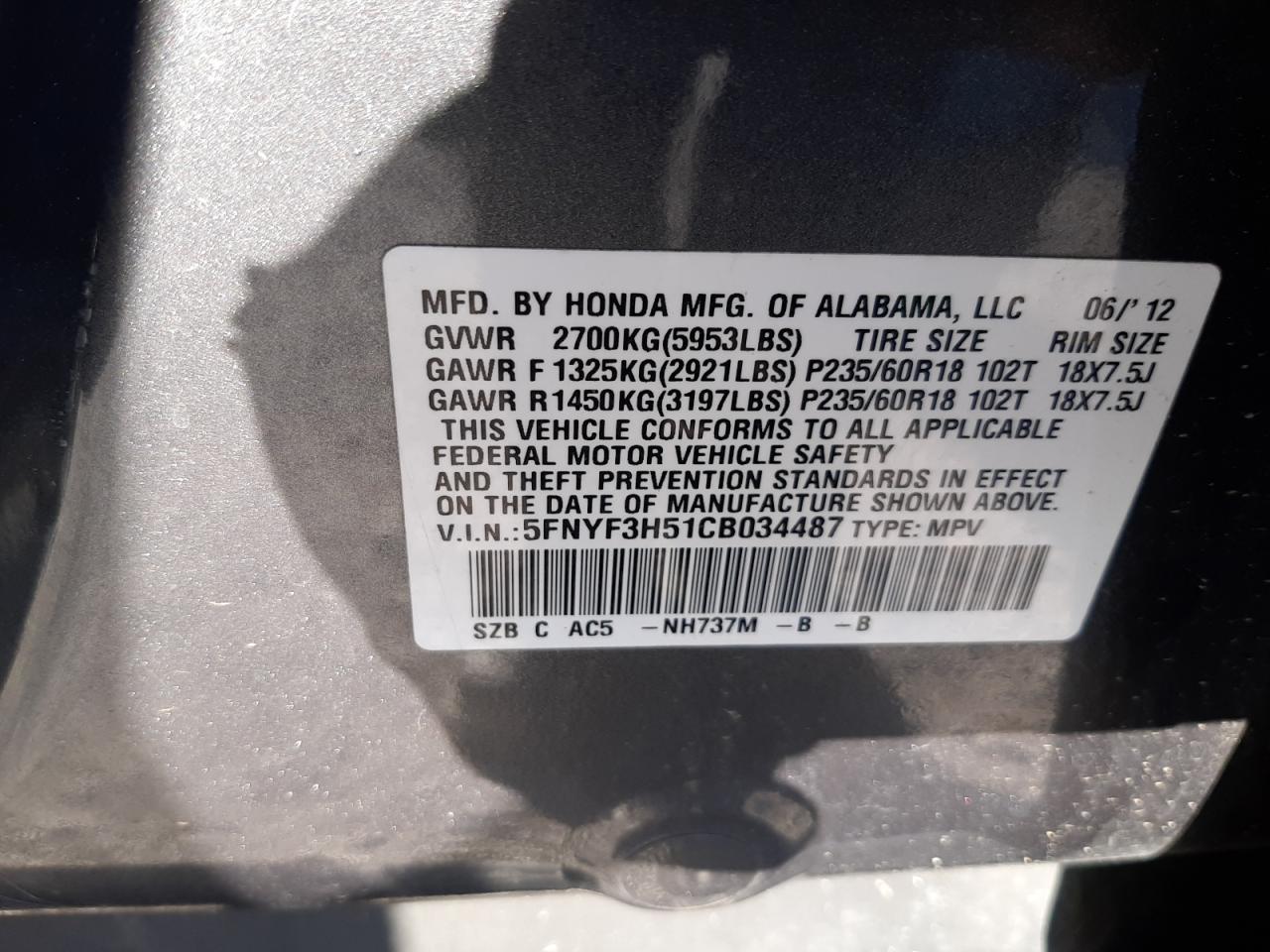 5FNYF3H51CB034487 2012 Honda Pilot Exl