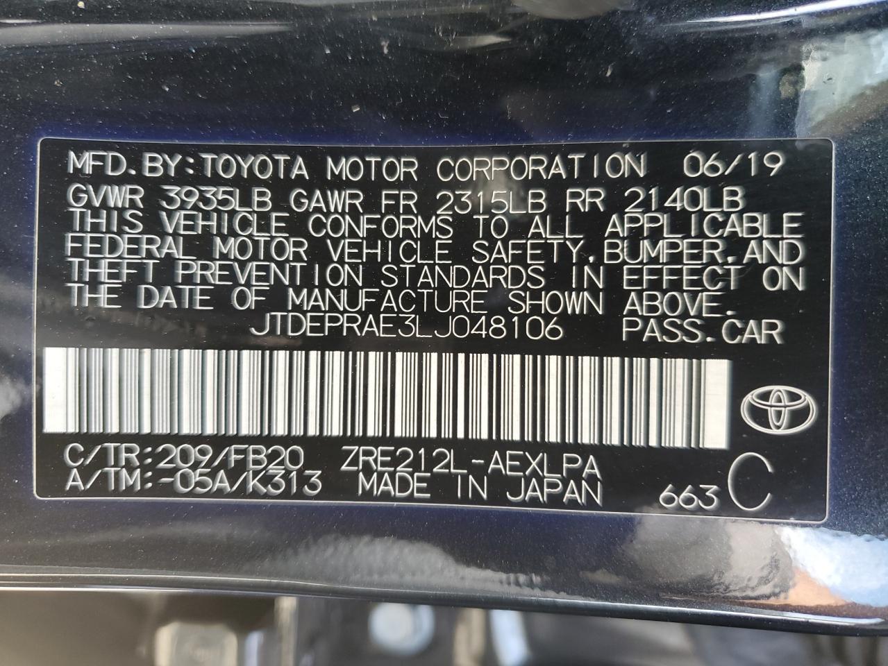JTDEPRAE3LJ048106 TOYOTA COROLLA 2020