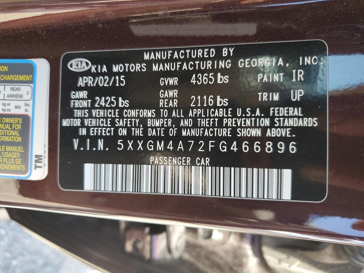 5XXGM4A72FG466896 2015 Kia Optima Lx