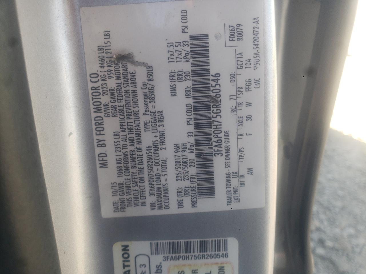 3FA6P0H75GR260546 FORD FUSION 2016