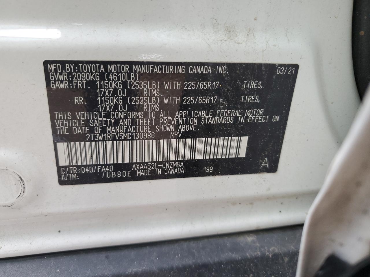 2T3W1RFV5MC130986 2021 Toyota Rav4 Xle