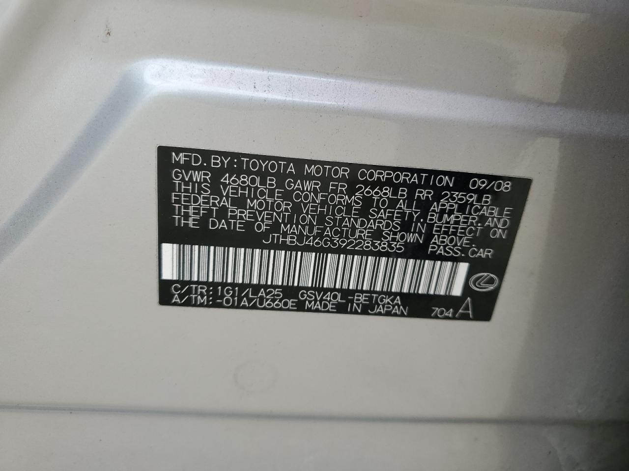 JTHBJ46G392283835 2009 Lexus Es 350