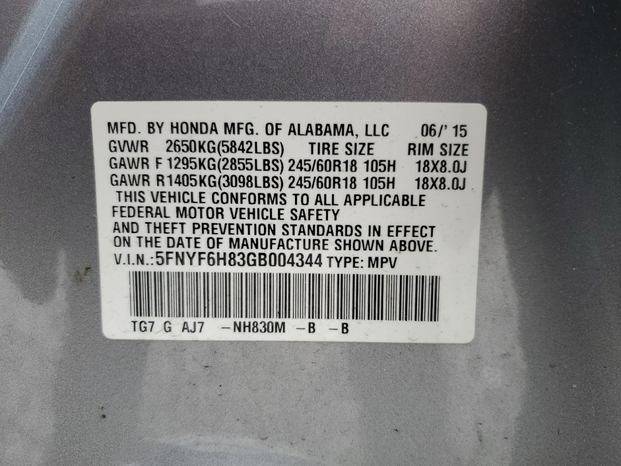 5FNYF6H83GB004344 HONDA PILOT 2016