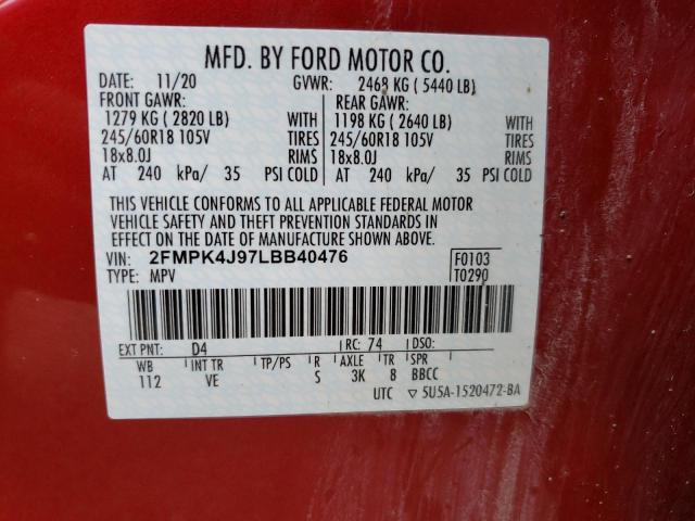 2020 Ford Edge Sel VIN: 2FMPK4J97LBB40476 Lot: 56267134