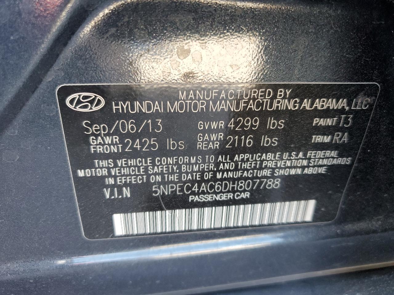 5NPEC4AC6DH807788 2013 Hyundai Sonata Se