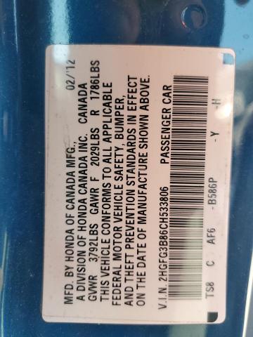 2012 Honda Civic Ex VIN: 2HGFG3B86CH533806 Lot: 54131224