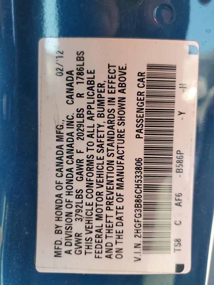 2HGFG3B86CH533806 2012 Honda Civic Ex