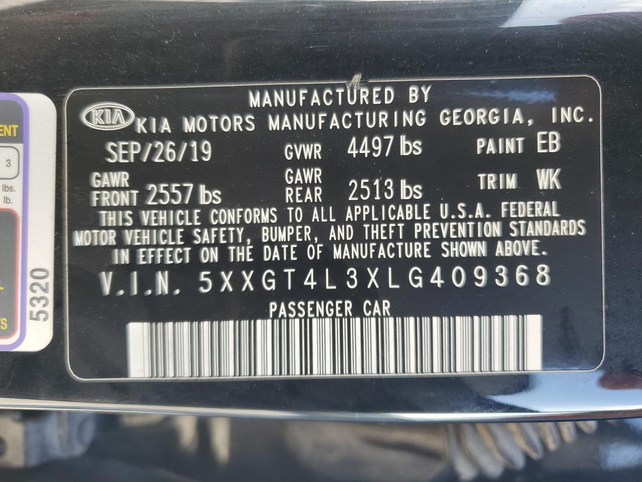 5XXGT4L3XLG409368 2020 Kia Optima Lx