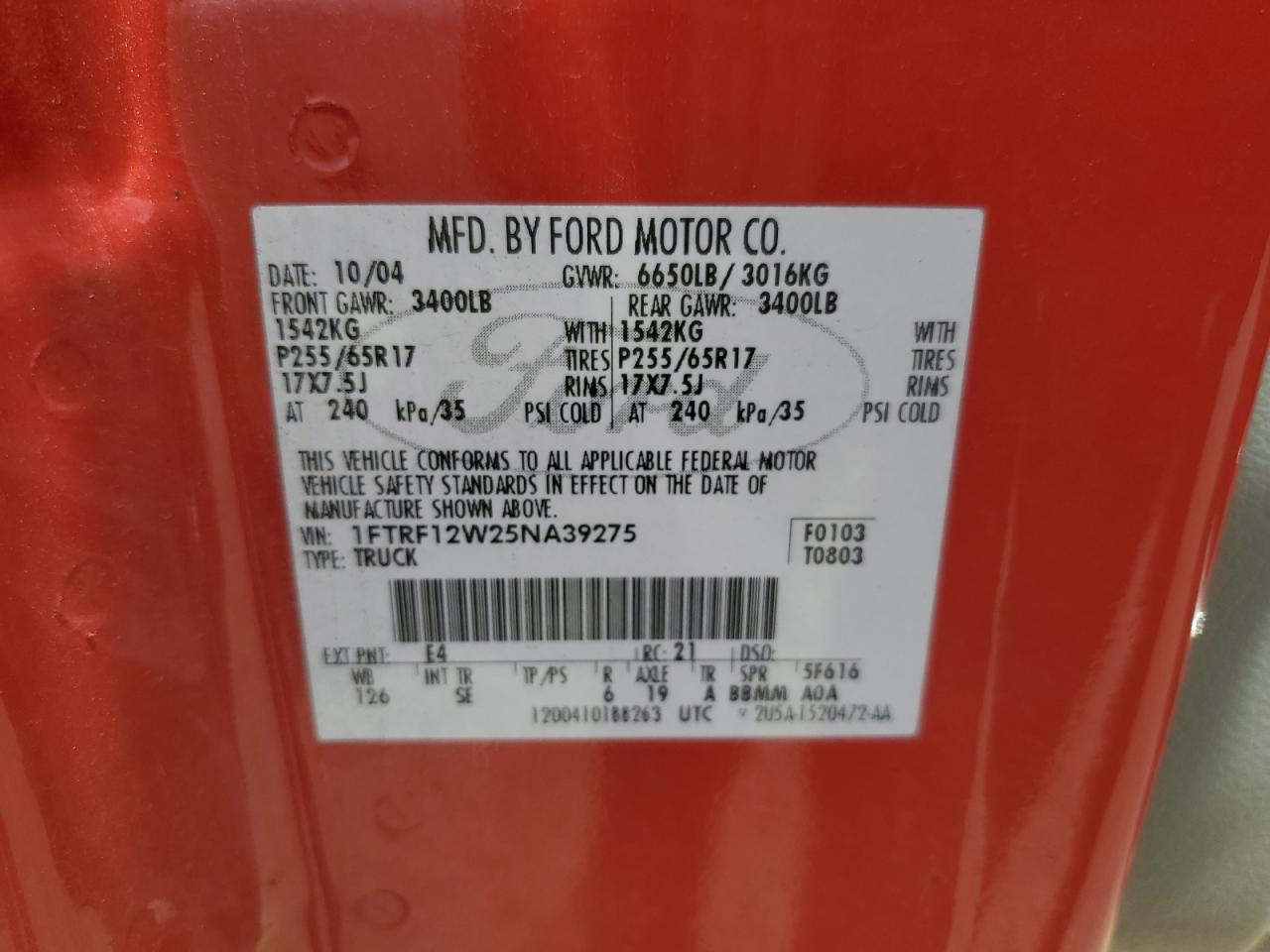 1FTRF12W25NA39275 2005 Ford F150