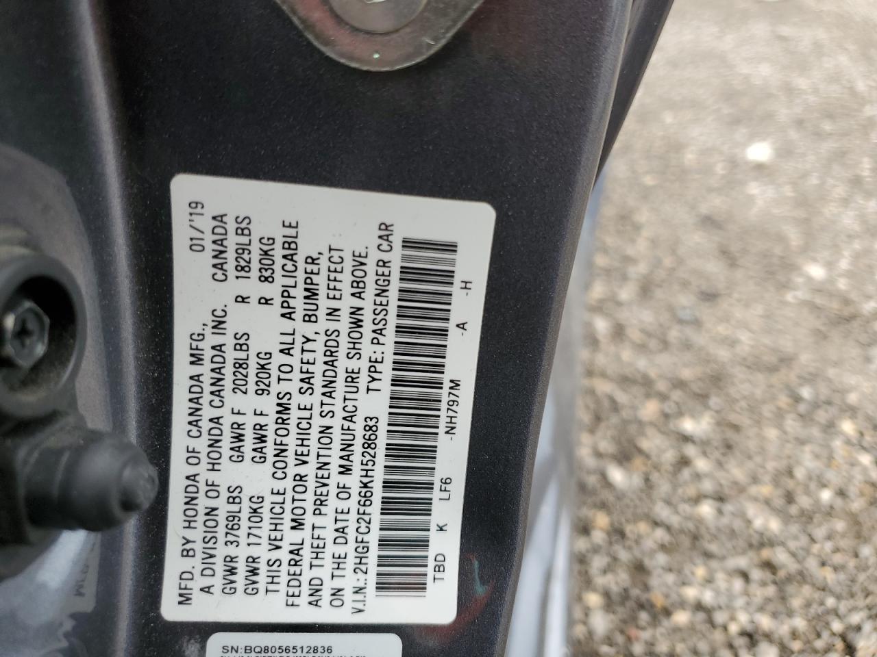 2HGFC2F66KH528683 2019 Honda Civic Lx