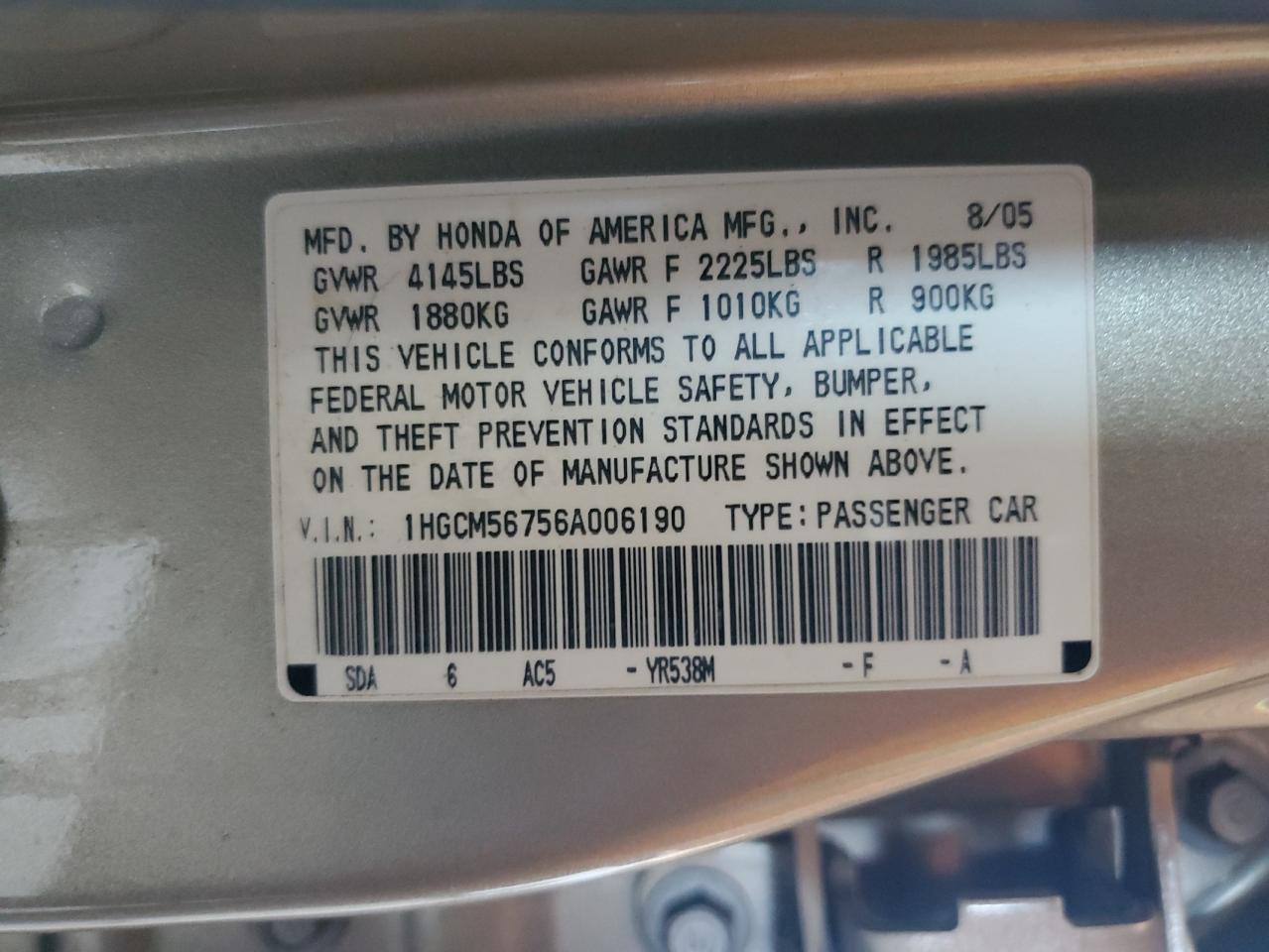 1HGCM56756A006190 2006 Honda Accord Ex