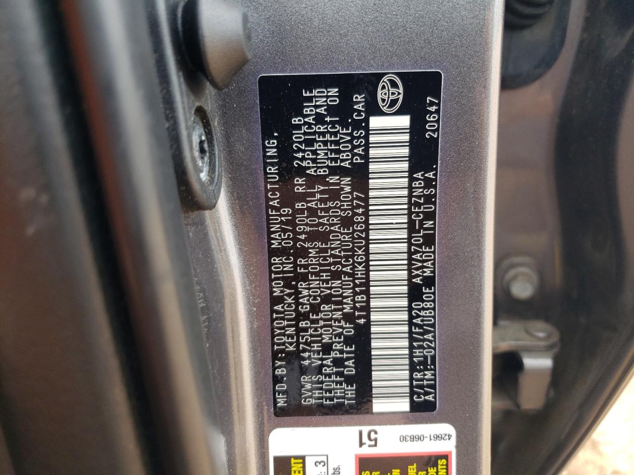 4T1B11HK6KU268477 2019 Toyota Camry L