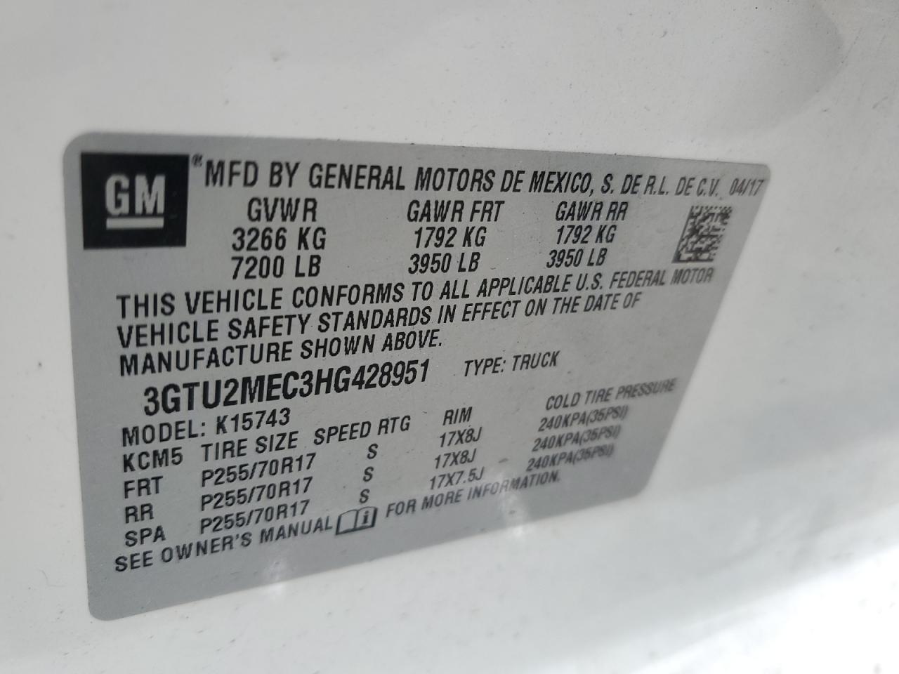 3GTU2MEC3HG428951 2017 GMC Sierra K1500 Sle