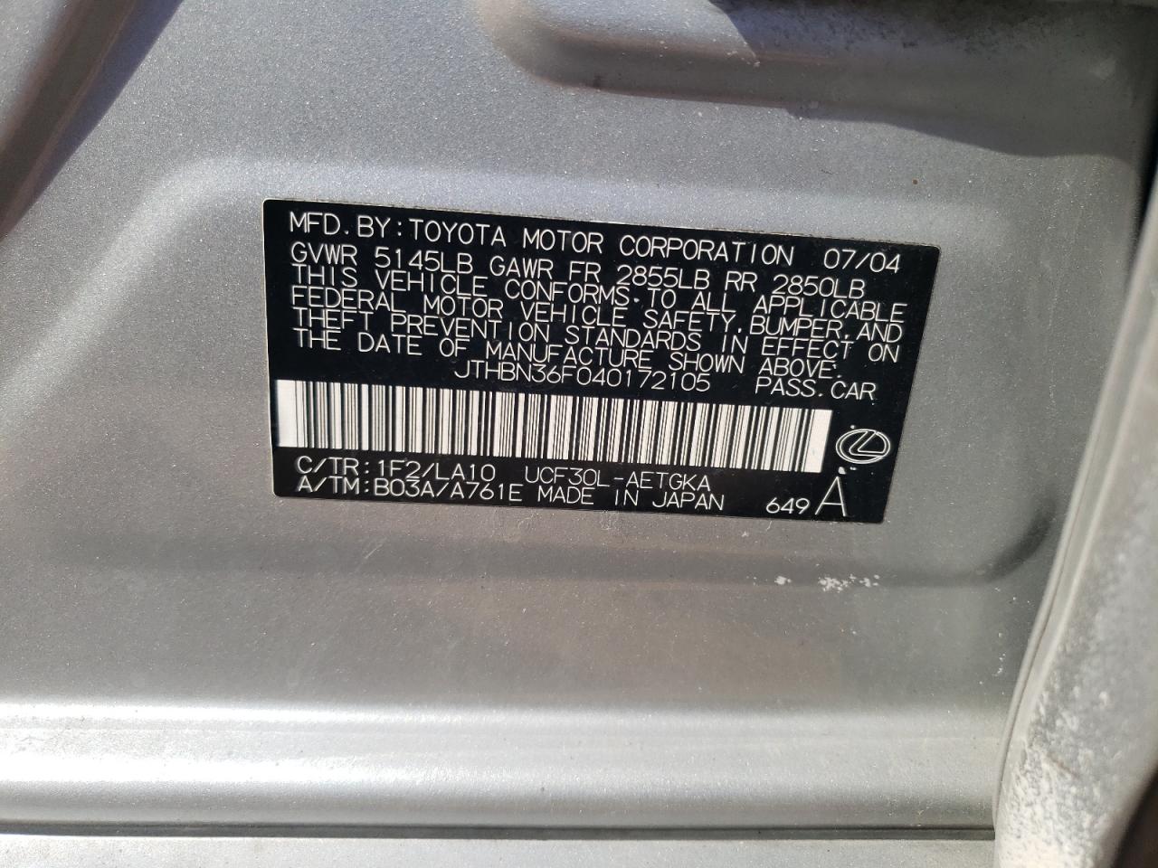 JTHBN36F040172105 2004 Lexus Ls 430