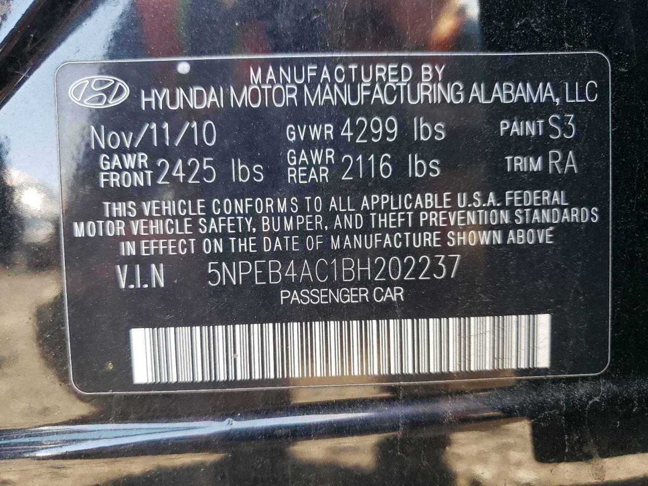 5NPEB4AC1BH202237 2011 Hyundai Sonata Gls