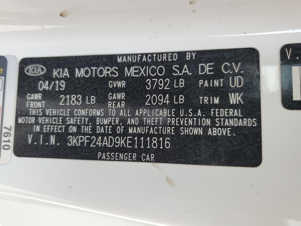 3KPF24AD9KE111816 2019 Kia Forte Fe