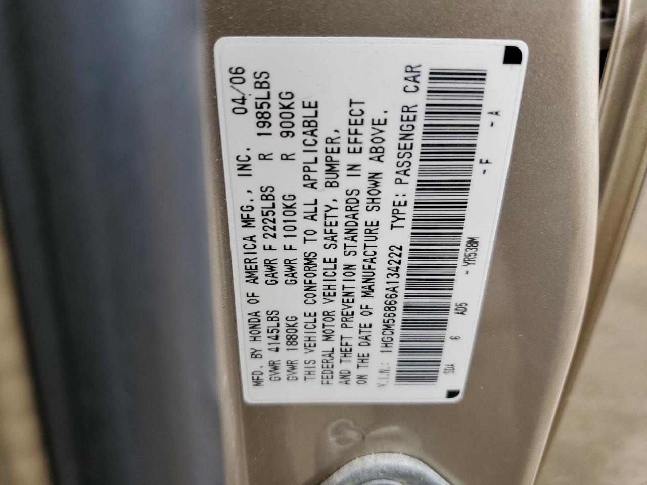 1HGCM56866A134222 2006 Honda Accord Ex