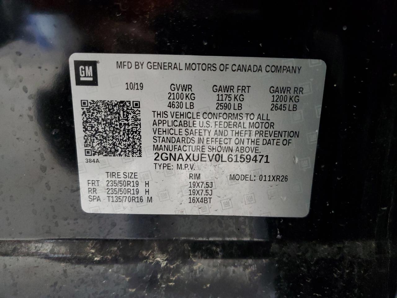 2GNAXUEV0L6159471 2020 Chevrolet Equinox Lt