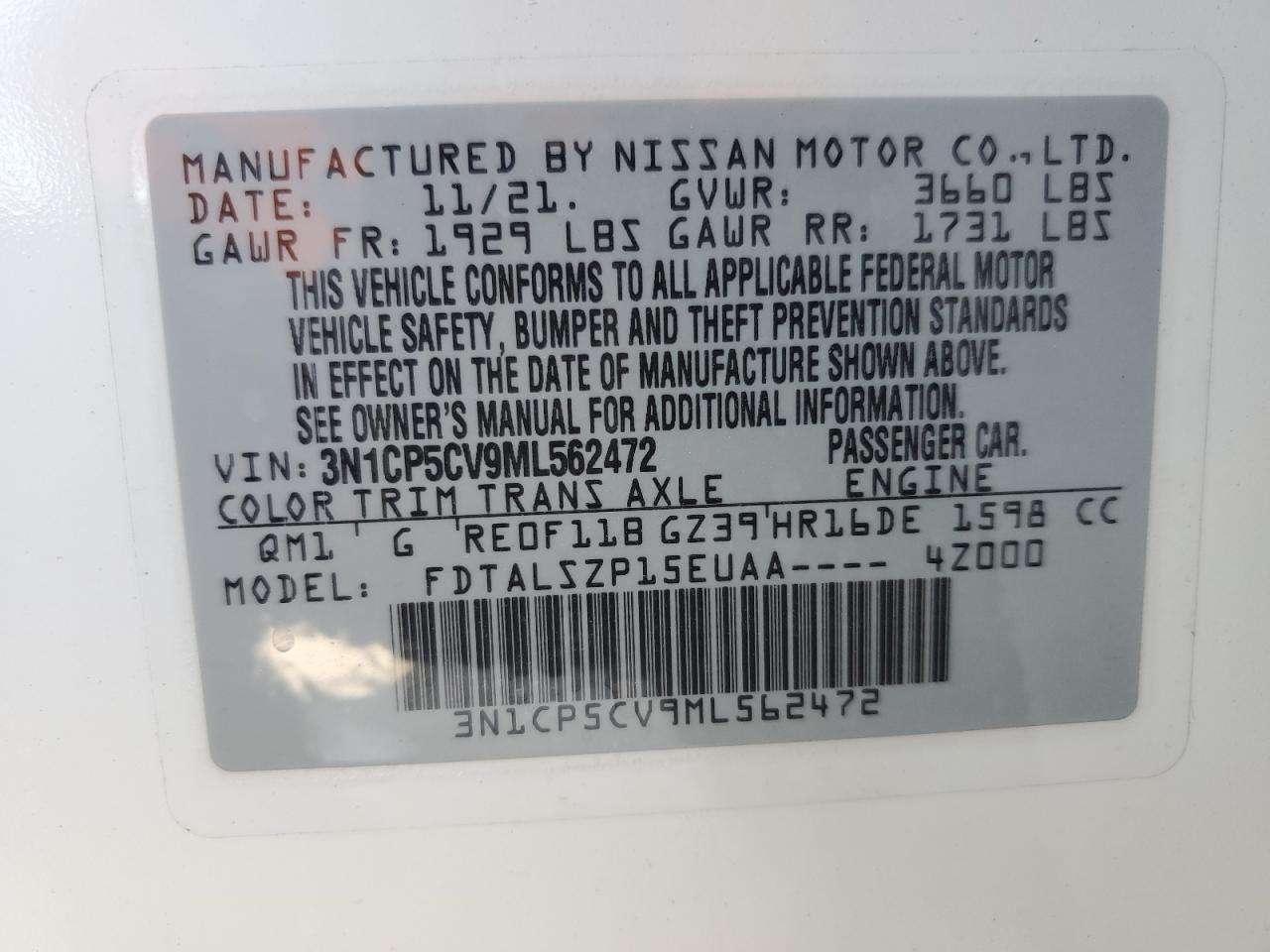 3N1CP5CV9ML562472 2021 Nissan Kicks Sv