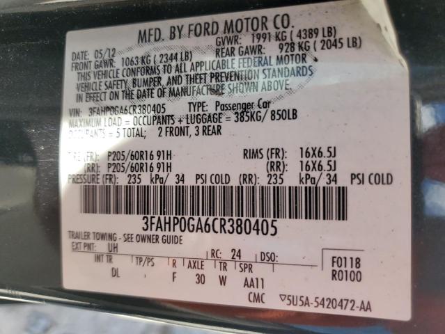 2012 Ford Fusion S VIN: 3FAHP0GA6CR380405 Lot: 53337194