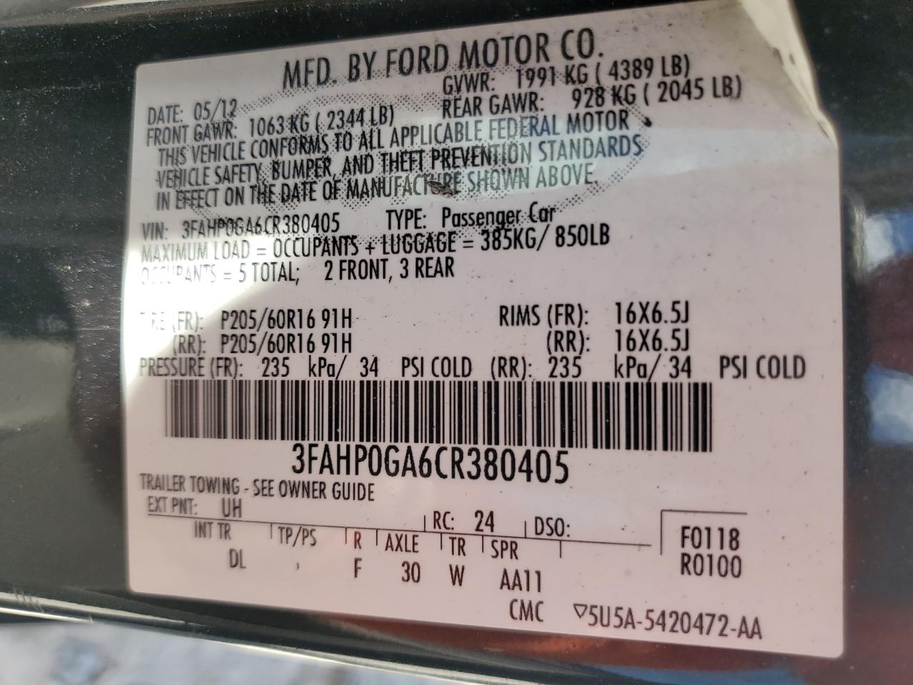 3FAHP0GA6CR380405 2012 Ford Fusion S