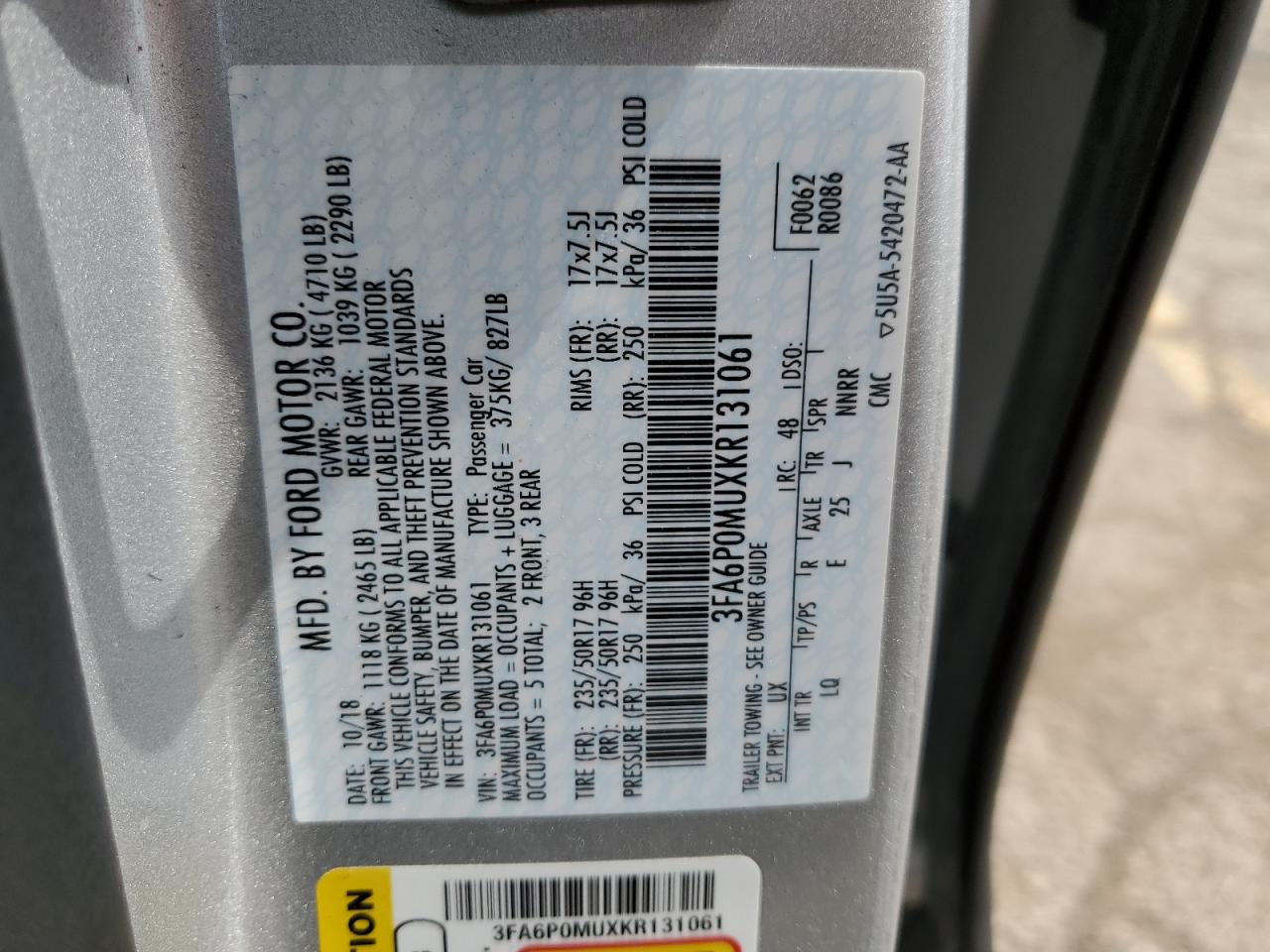 3FA6P0MUXKR131061 FORD FUSION 2019