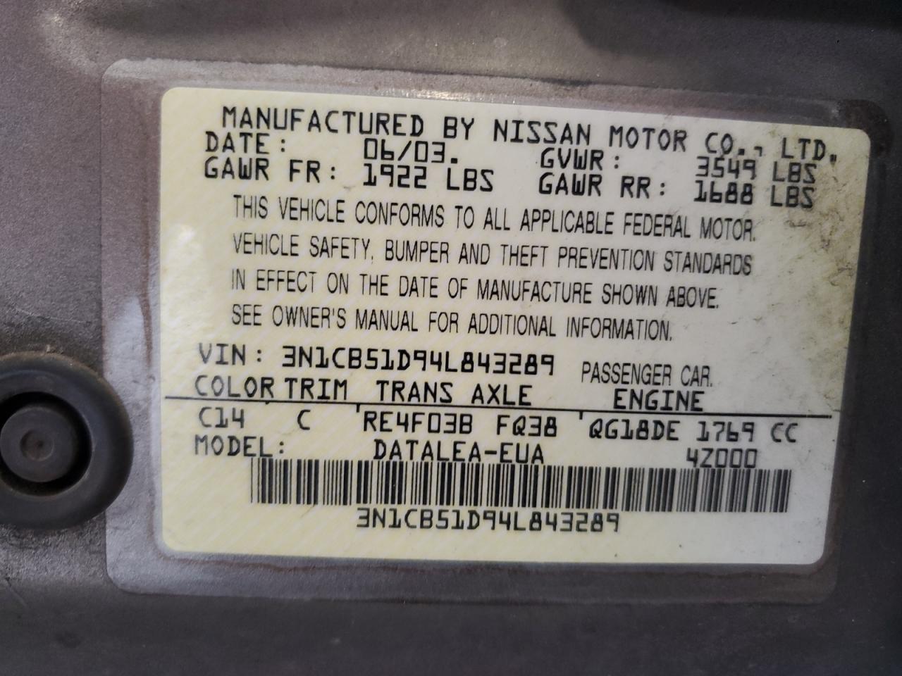 3N1CB51D94L843289 2004 Nissan Sentra 1.8