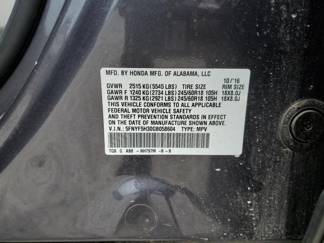5FNYF5H30GB058604 HONDA PILOT 2016