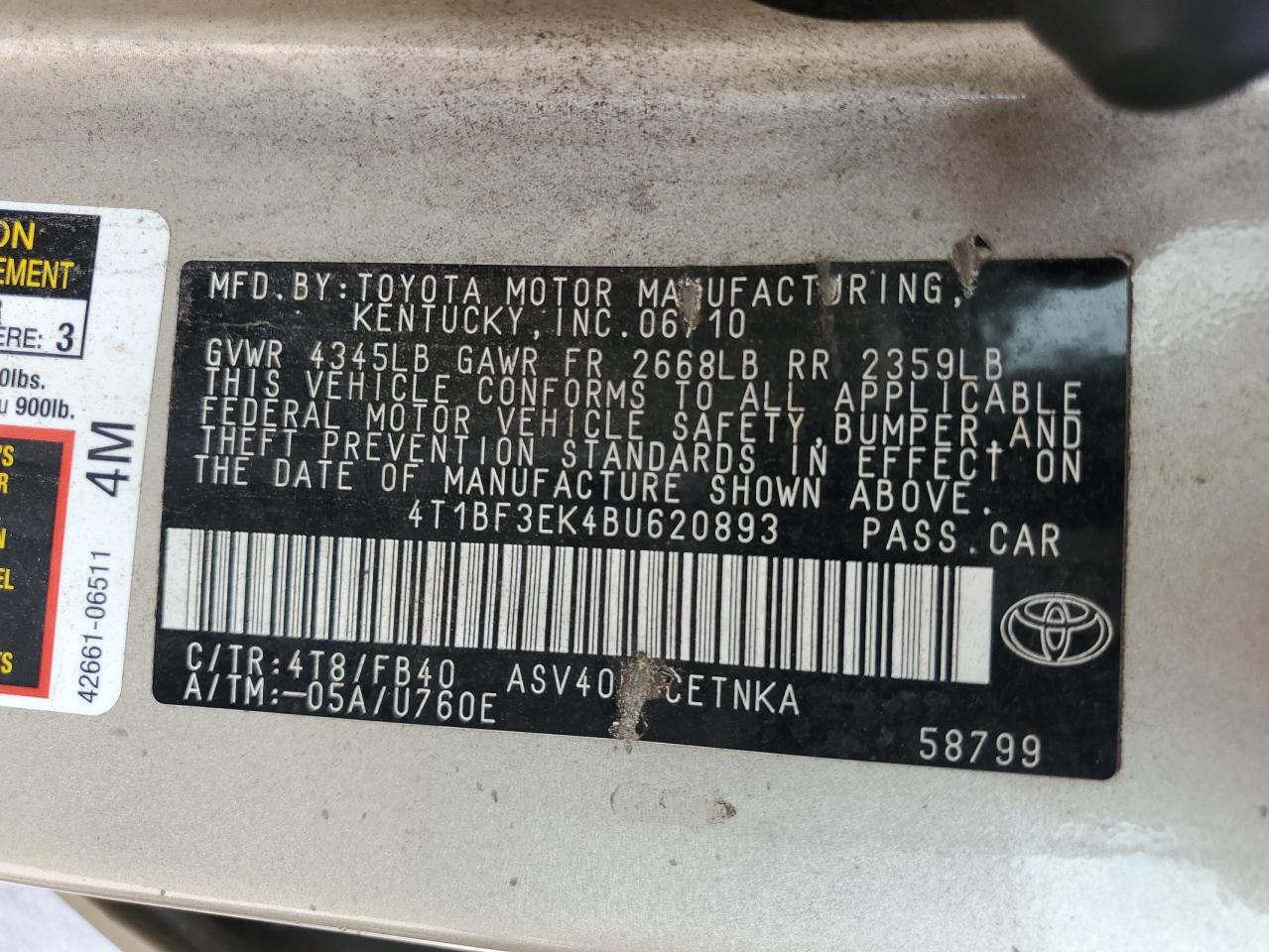 4T1BF3EK4BU620893 2011 Toyota Camry Base 4T1BF3EK4BU620893 2011 Toyota Camry Base