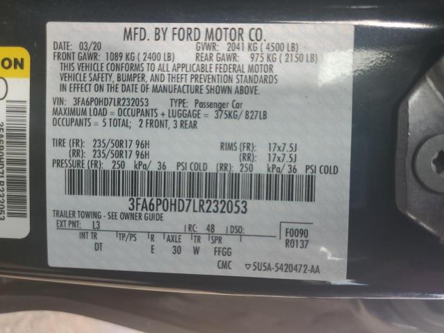 2020 Ford Fusion Se VIN: 3FA6P0HD7LR232053 Lot: 54697204