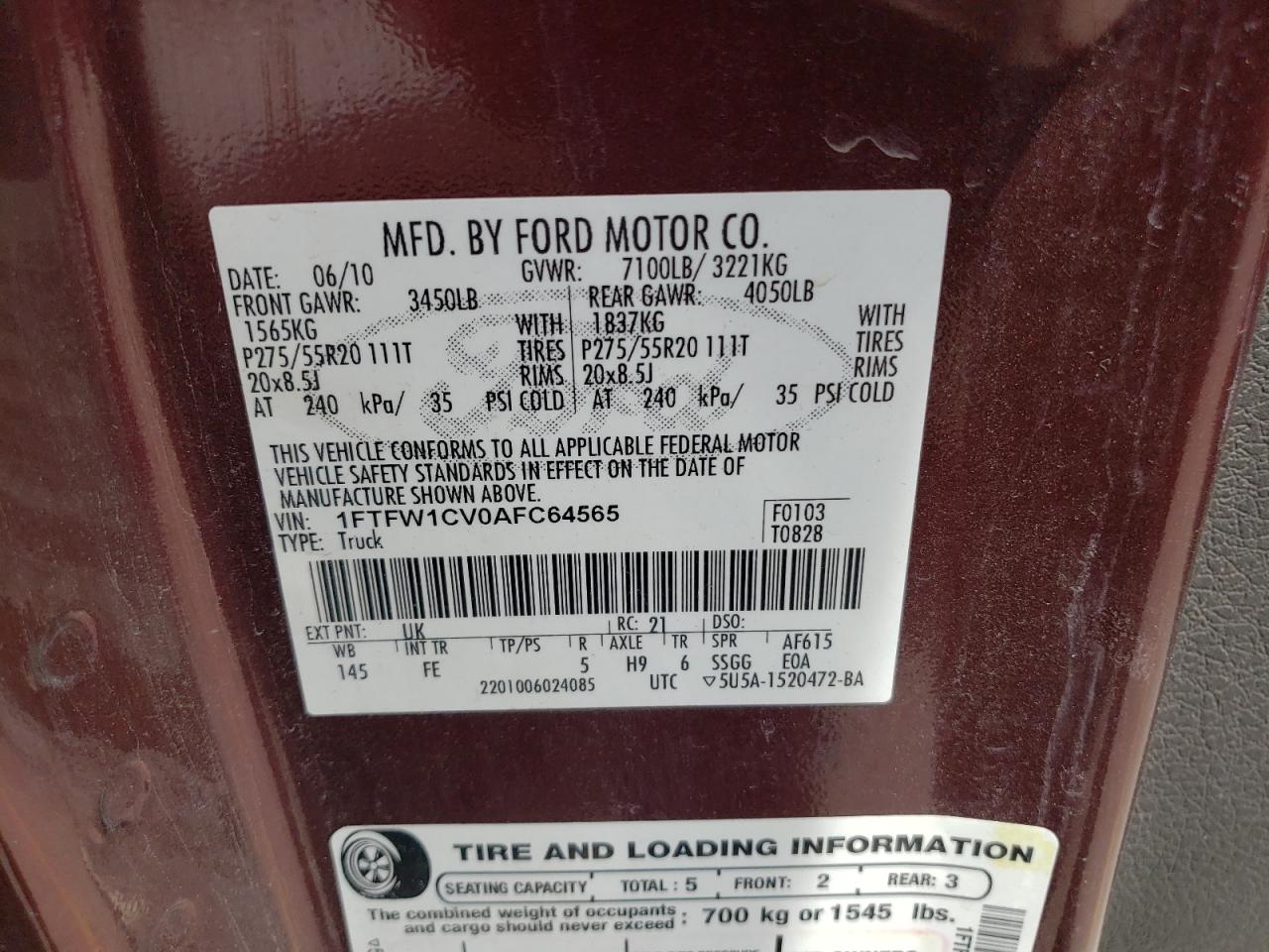 1FTFW1CV0AFC64565 2010 Ford F150 Supercrew