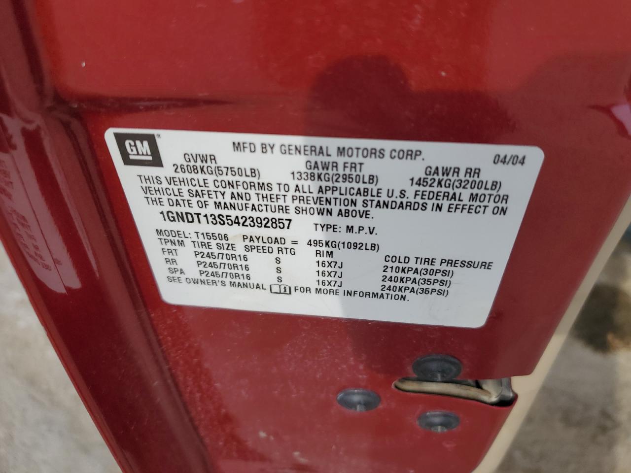 1GNDT13S542392857 2004 Chevrolet Trailblazer Ls