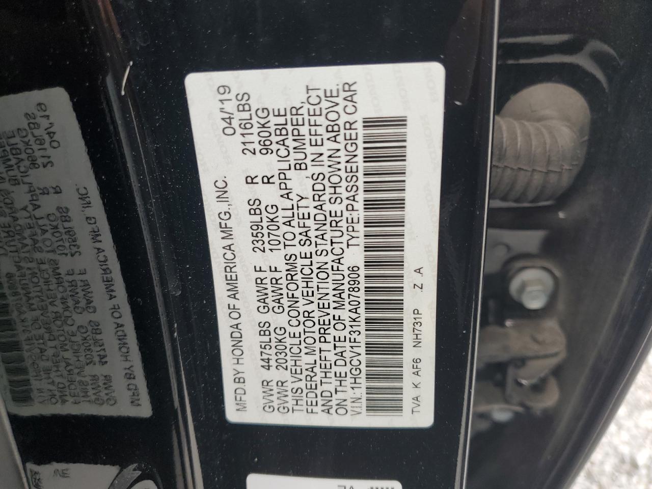 1HGCV1F31KA078906 2019 Honda Accord Sport