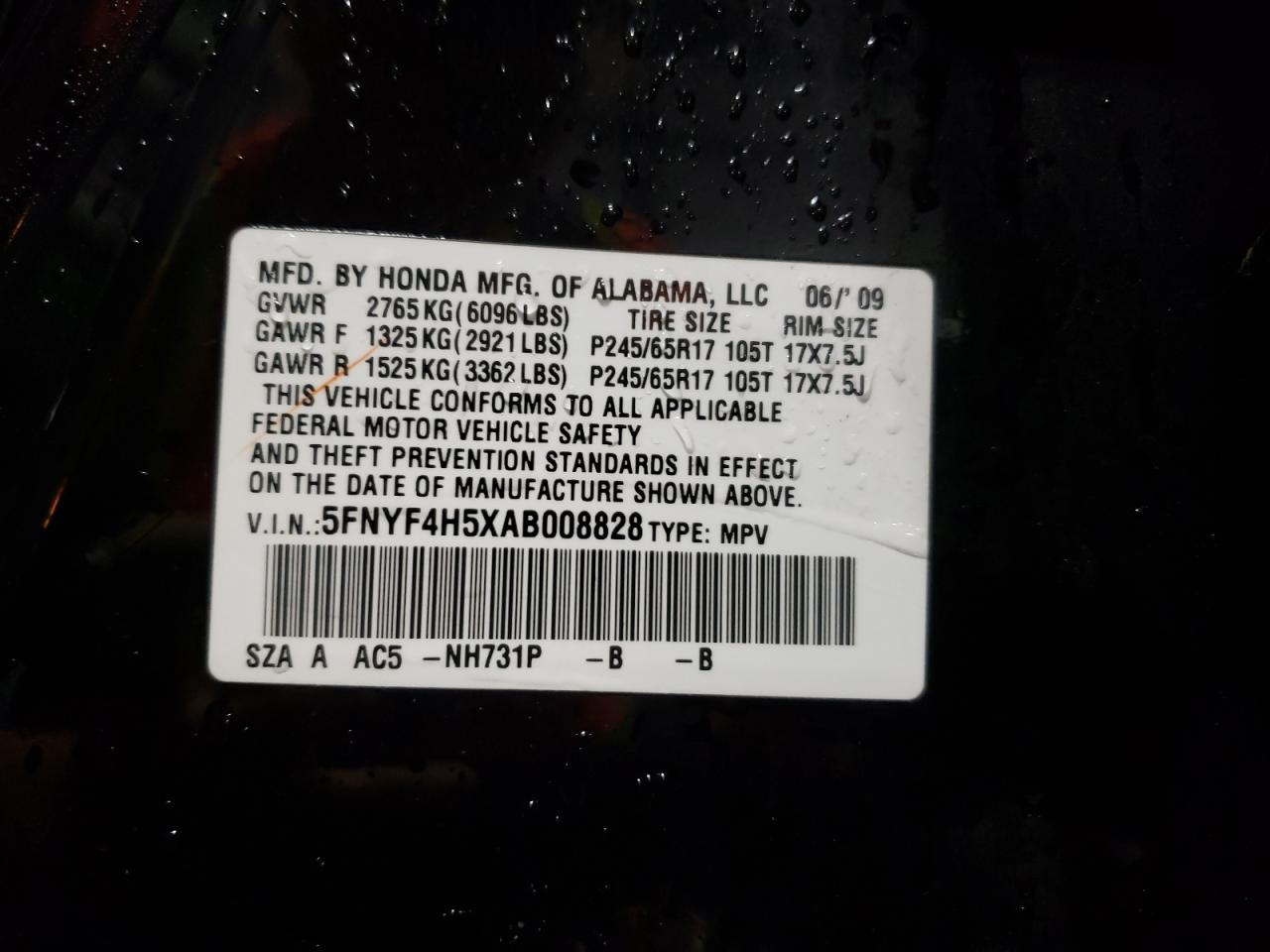 5FNYF4H5XAB008828 2010 Honda Pilot Exl