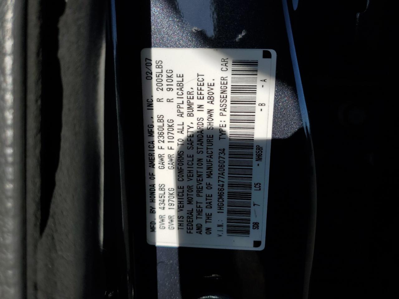 1HGCM66477A060734 2007 Honda Accord Se