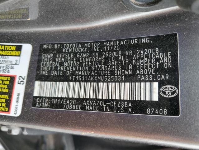 2021 Toyota Camry Se VIN: 4T1G11AKXMU525031 Lot: 57287784