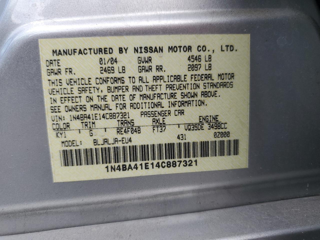 1N4BA41E14C887321 2004 Nissan Maxima Se