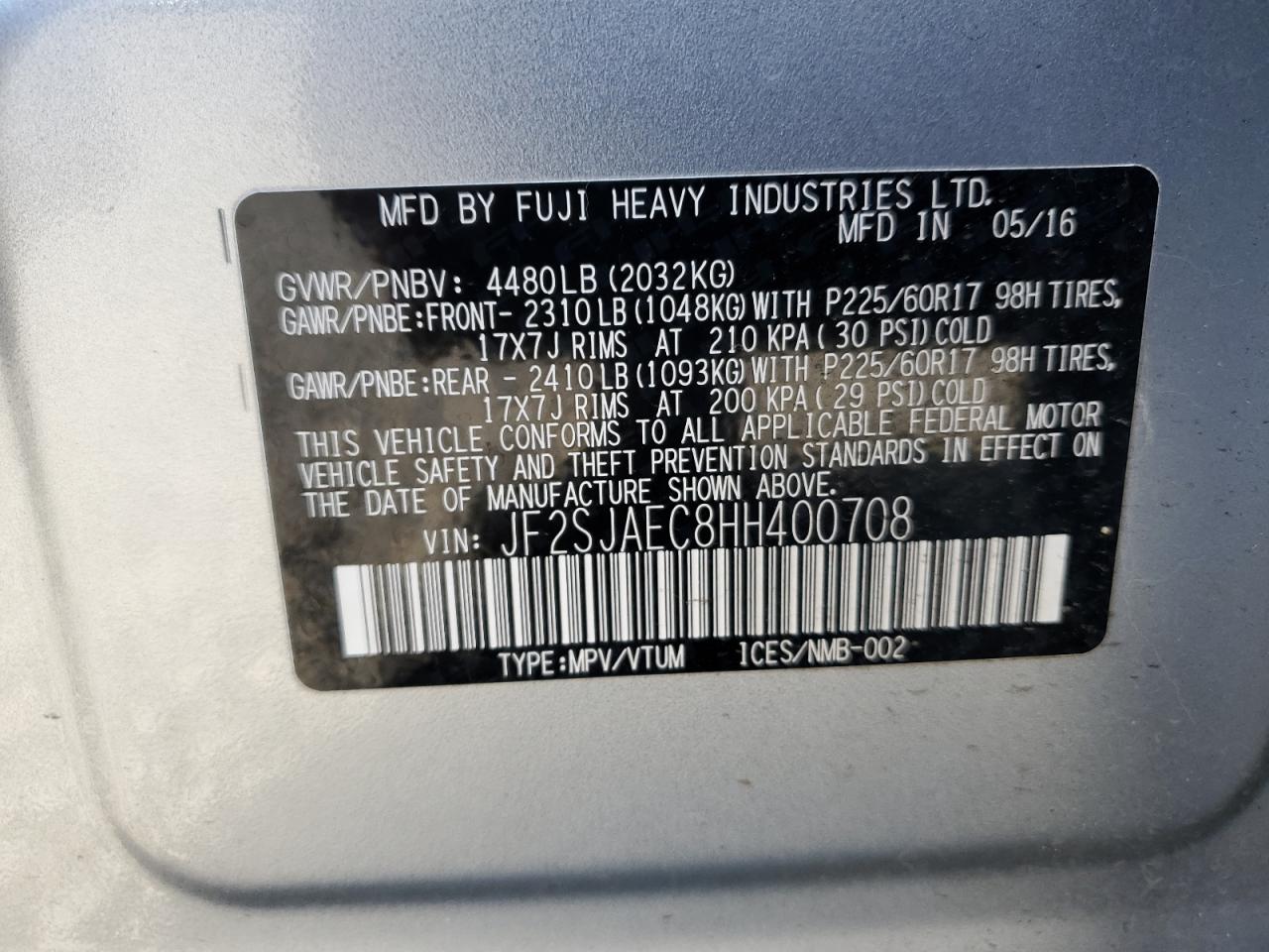 JF2SJAEC8HH400708 2017 Subaru Forester 2.5I Premium