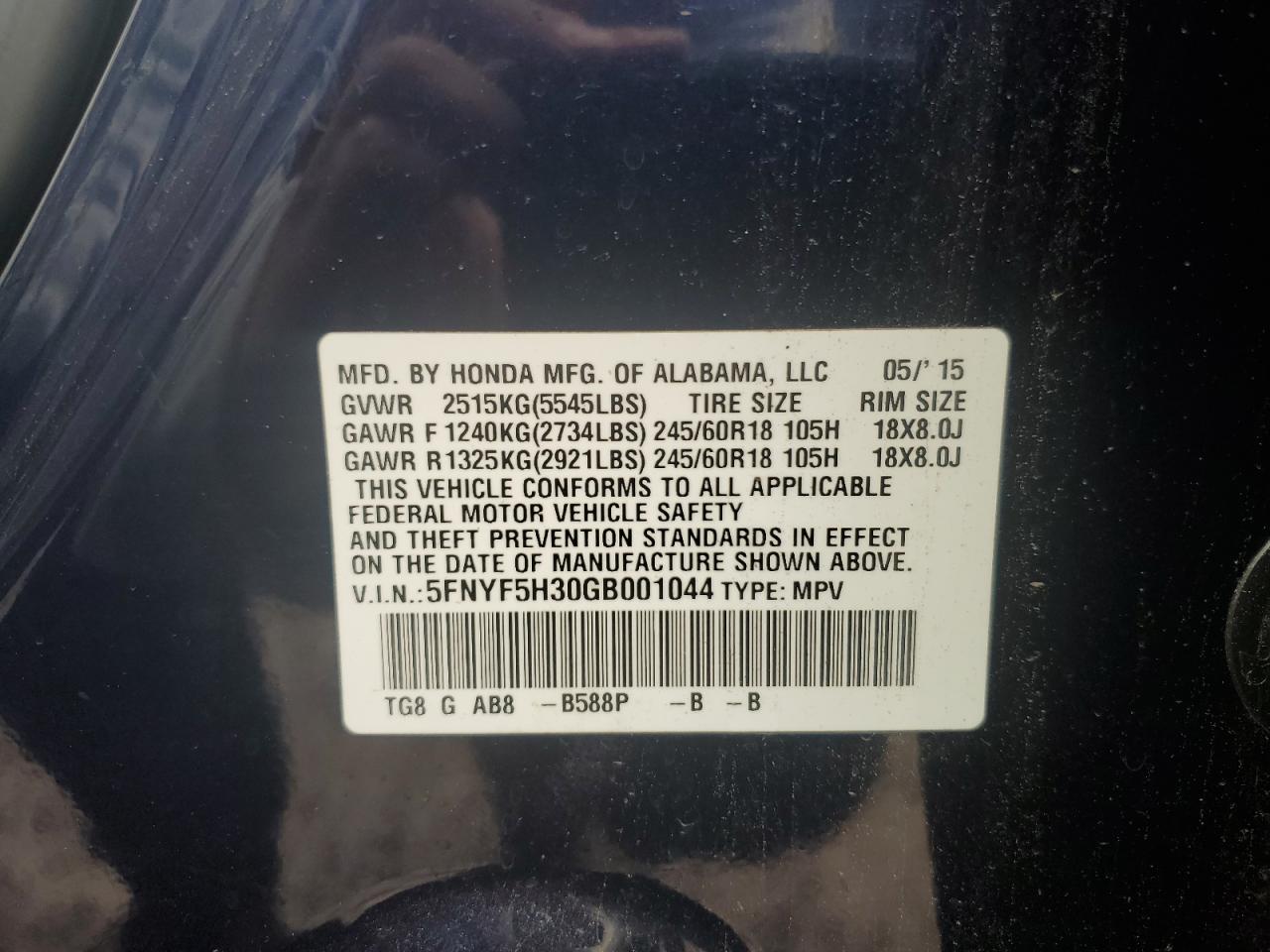 5FNYF5H30GB001044 2016 Honda Pilot Ex