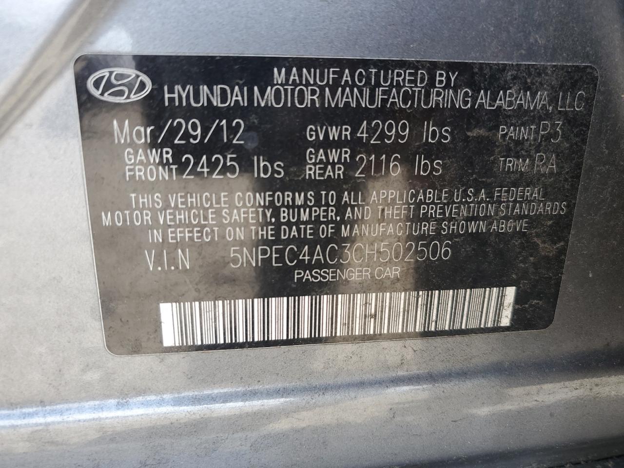 5NPEC4AC3CH502506 2012 Hyundai Sonata Se