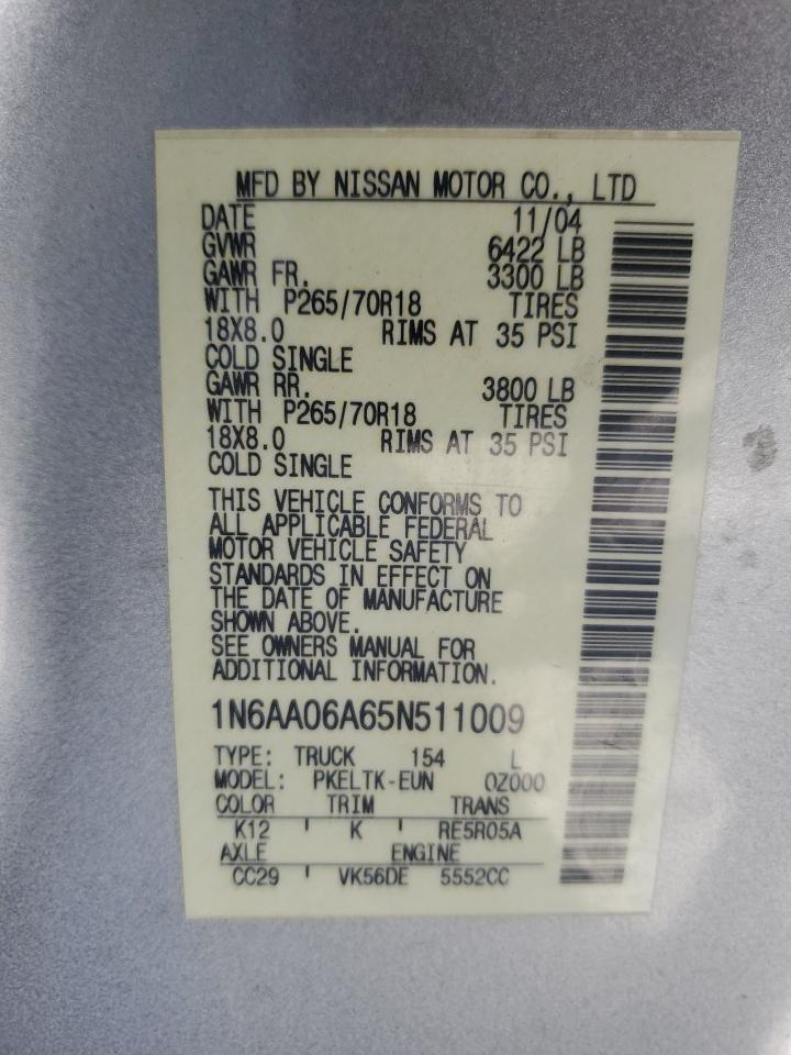 1N6AA06A65N511009 2005 Nissan Titan Xe