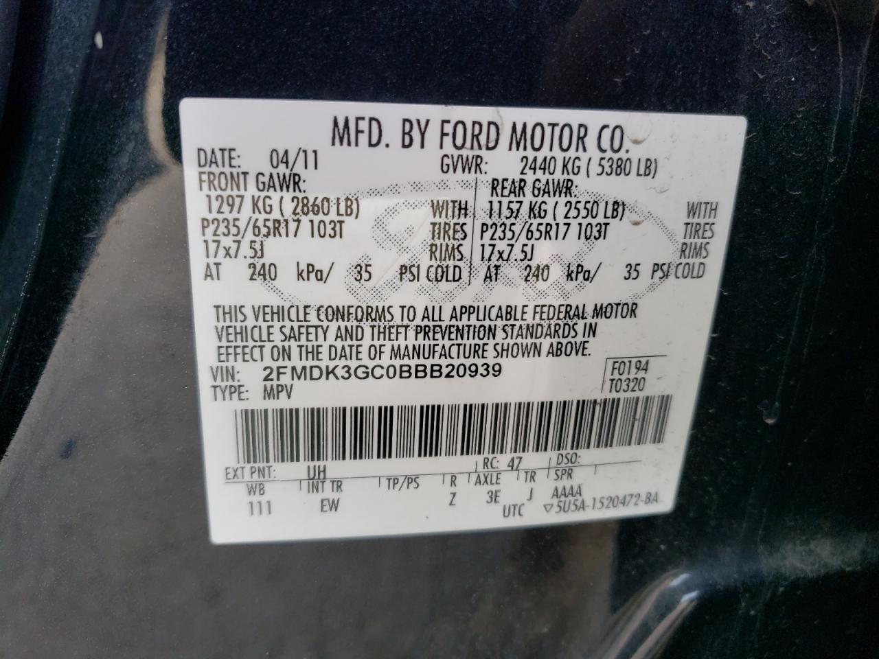 2FMDK3GC0BBB20939 2011 Ford Edge Se