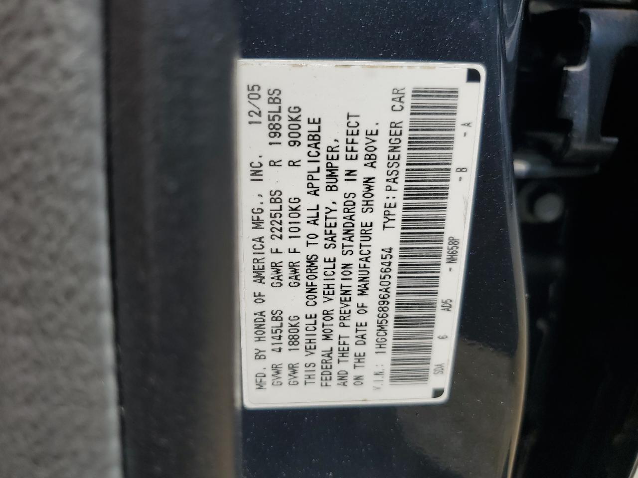 1HGCM56896A056454 2006 Honda Accord Ex