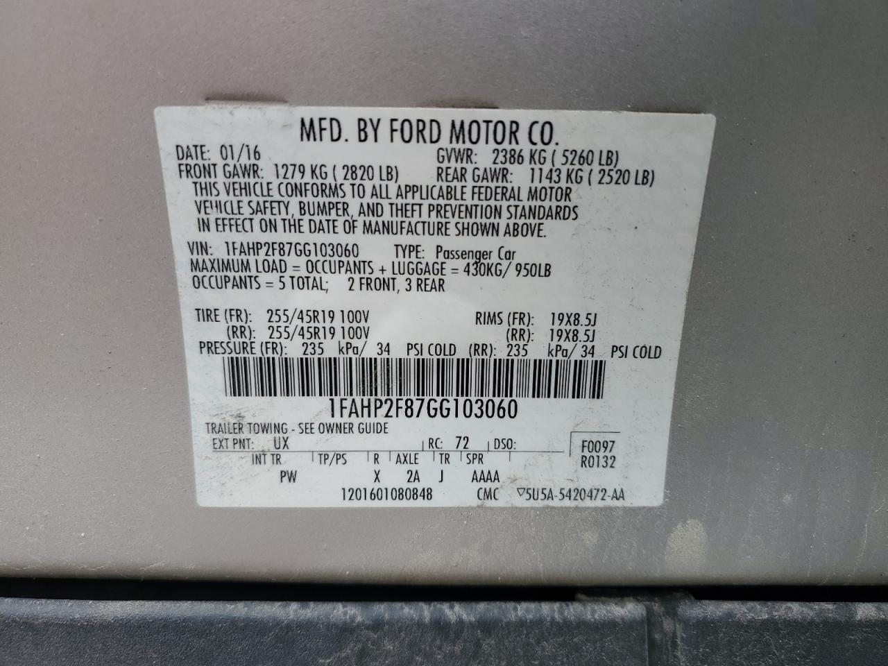 1FAHP2F87GG103060 2016 Ford Taurus Limited