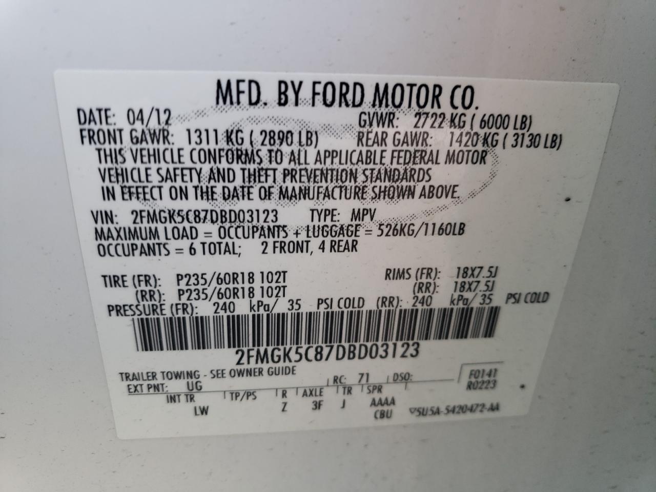 2FMGK5C87DBD03123 2013 Ford Flex Sel